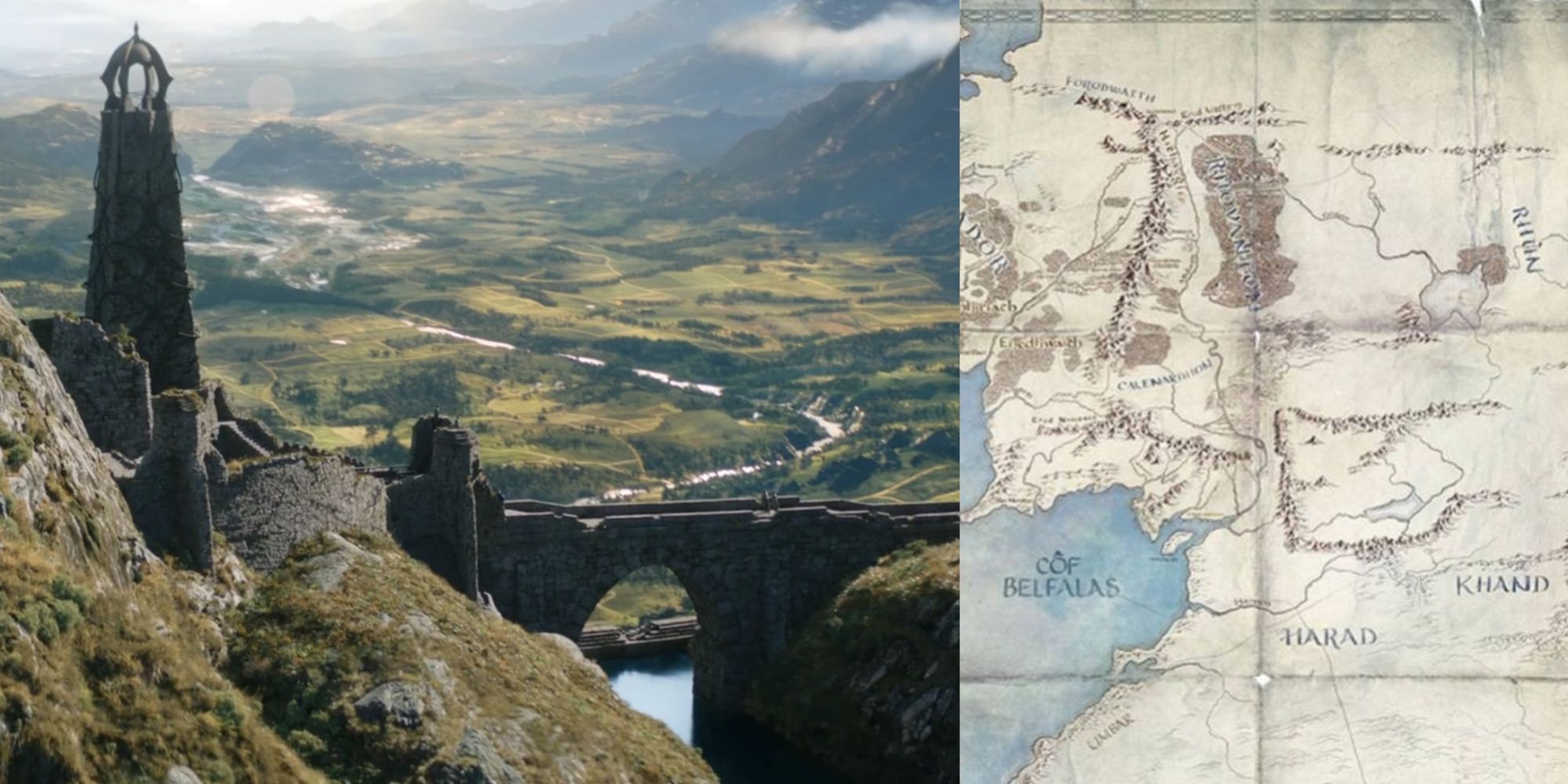 split image southlands and easterlings Tower of Ostirith map of middle-earth LotR Rings of Power