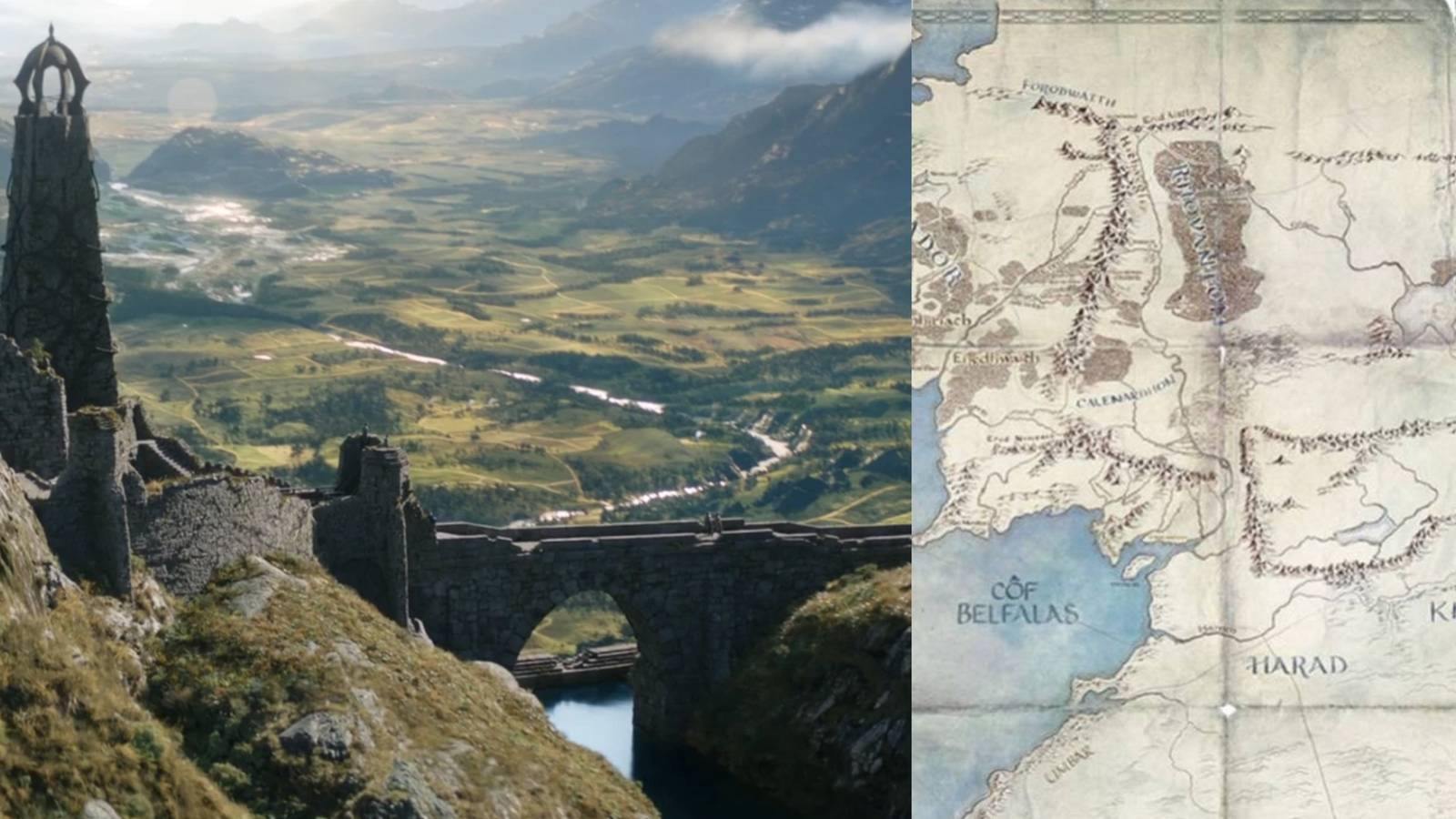 split image southlands and easterlings Tower of Ostirith map of middle-earth LotR Rings of Power