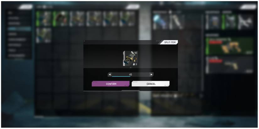 The Cycle Frontier splitting items interface with small bullets being split into two stacks of 45 bullets each