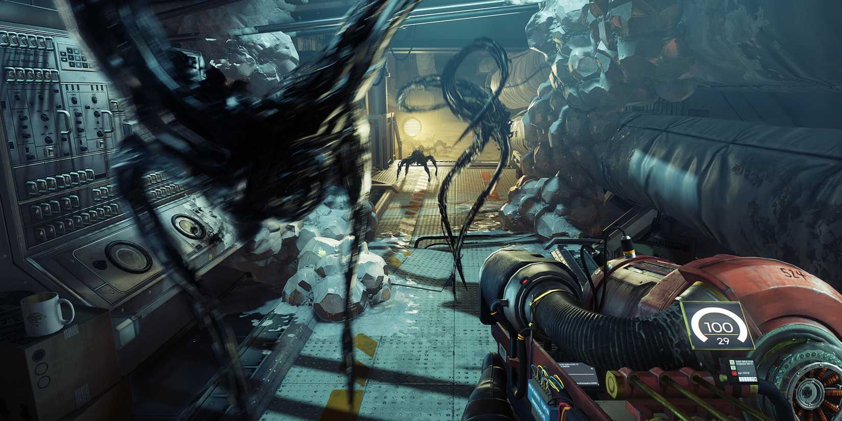 A gameplay screenshot of Arkane's Prey (2017) featuring the legendarily creepy Mimic aliens.
