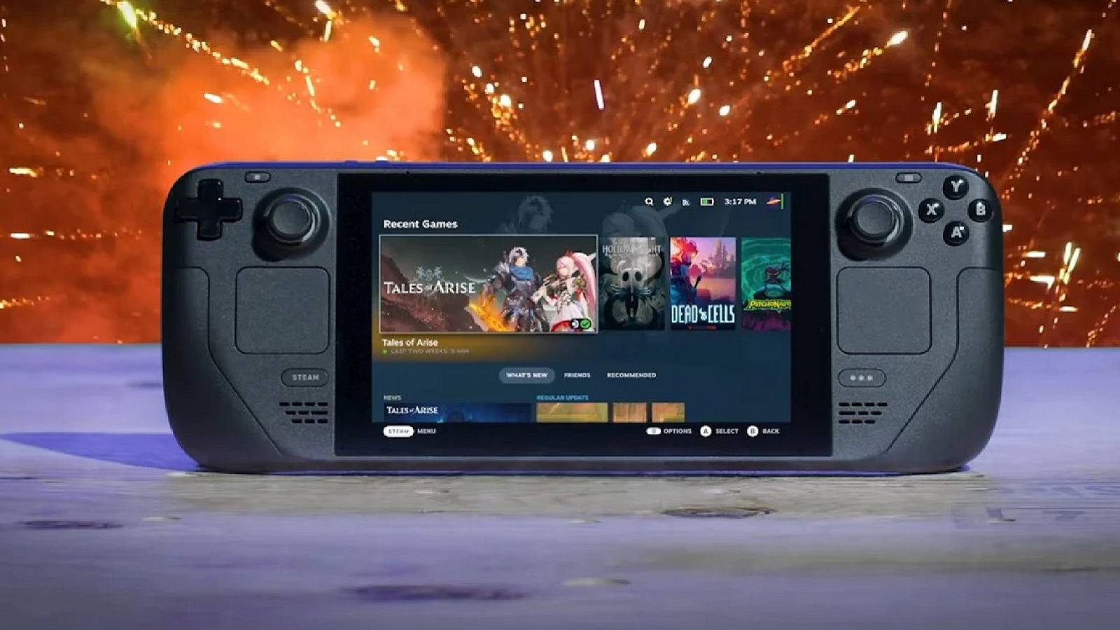Image of a Steam Deck with fireworks going off in the background.