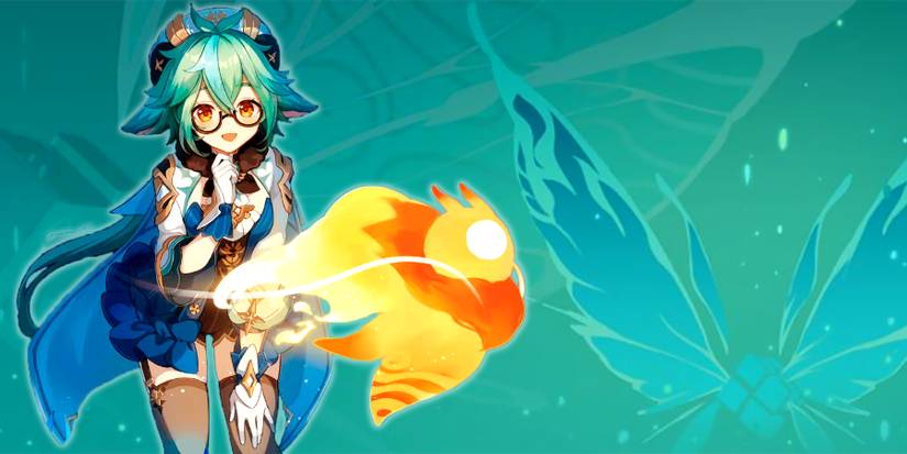 sucrose looking at a seelie in genshin impact