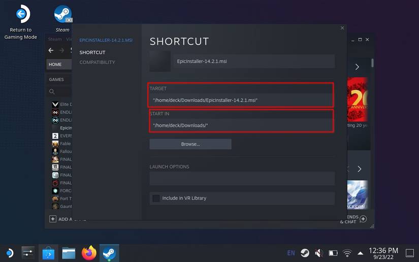 The Shortcut tab is open. Two fields are highlighted: Target and Start In.
