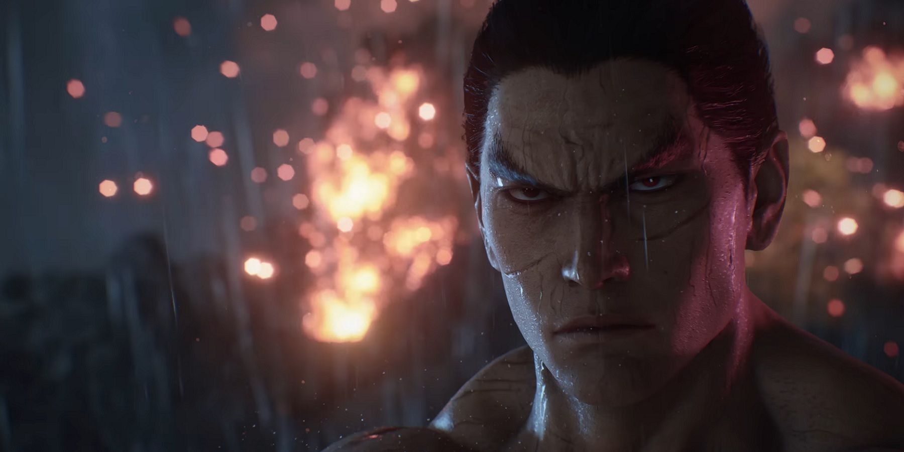 Screenshot from Tekken 8 showing a close-up of Kazuya Mishima's face.
