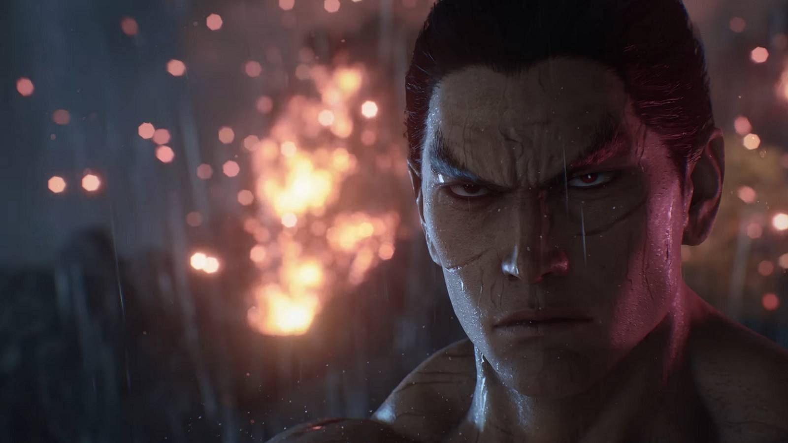 Screenshot from Tekken 8 showing a close-up of Kazuya Mishima's face.