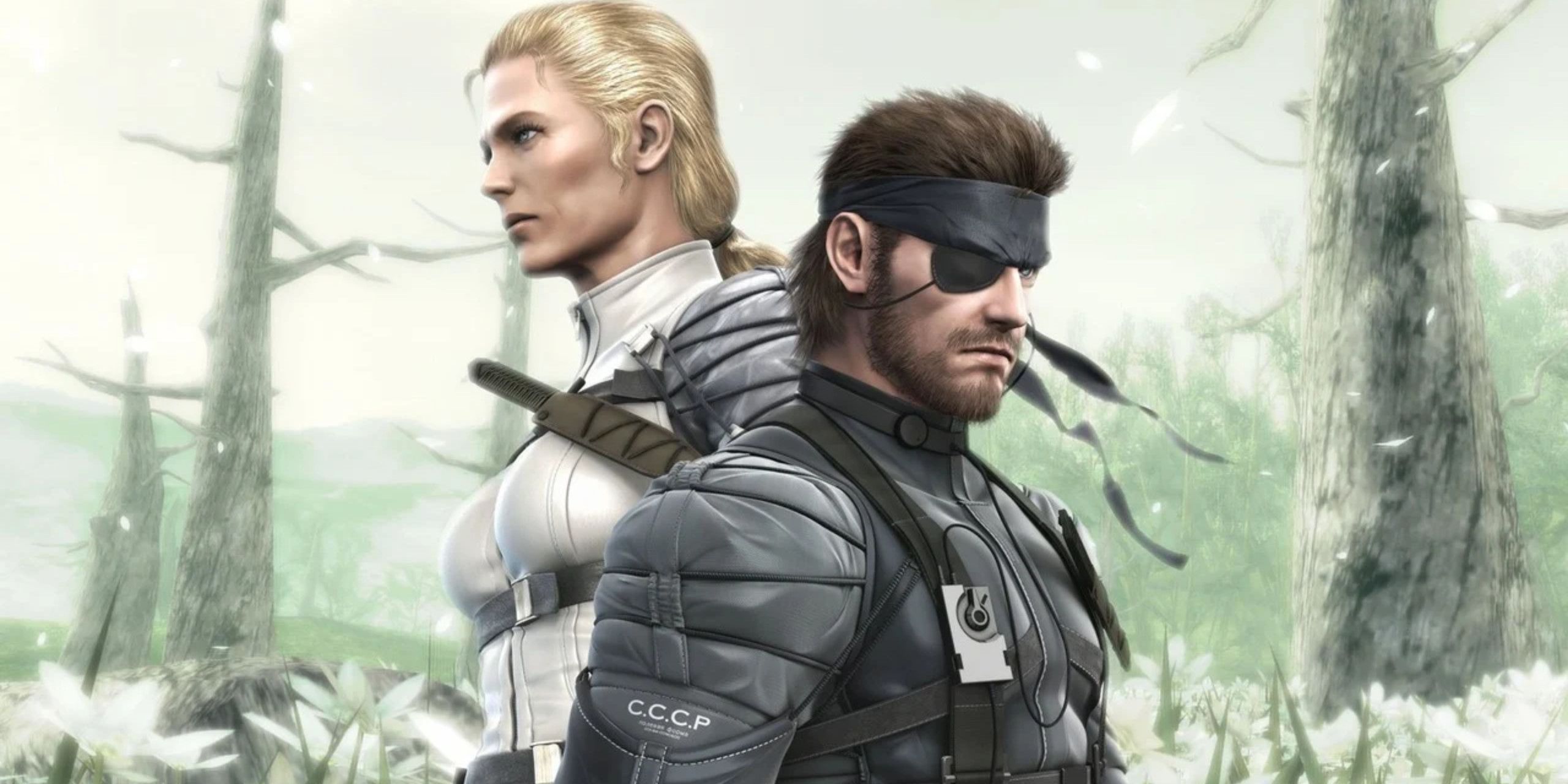 Naked Snake and The Boss standing back to back at the site of their final battle