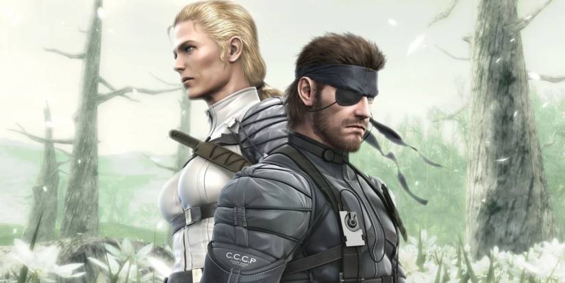 Naked Snake and The Boss standing back to back at the site of their final battle