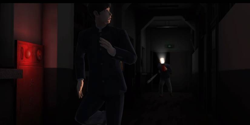 The janitor chasing after Hee-Min in a dsrk school hallway, weilding a flashlight and bat