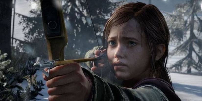 the last of us Ellie aiming a bow with a focused expression