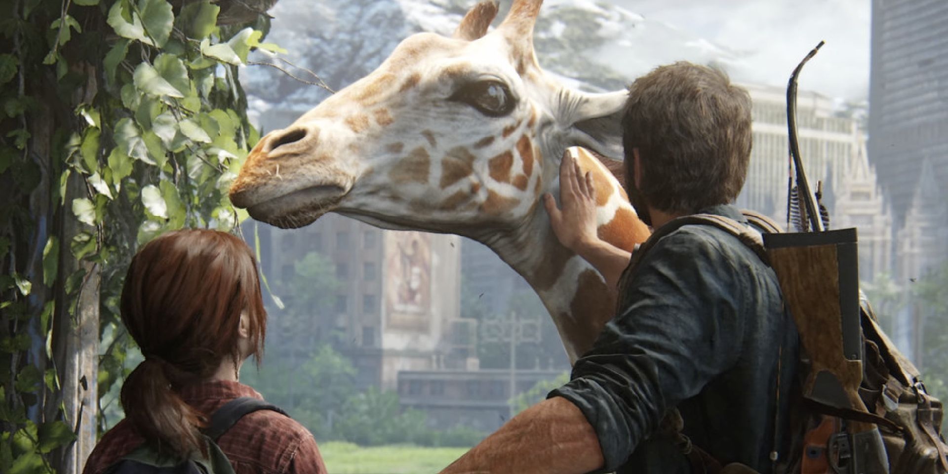 the last of us joel and ellie interacting with a giraffe 