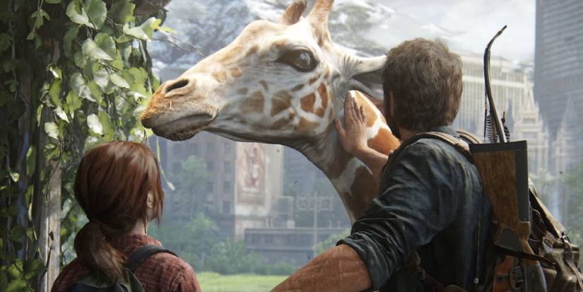 the last of us joel and ellie interacting with a giraffe 