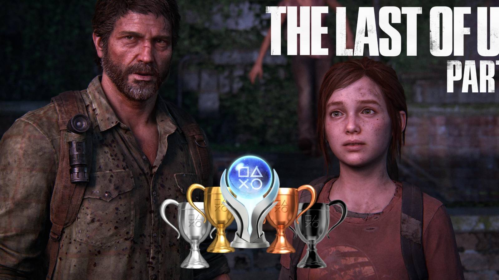 the last of us part 1 logo ellie and joel boston rooftop playstation trophies