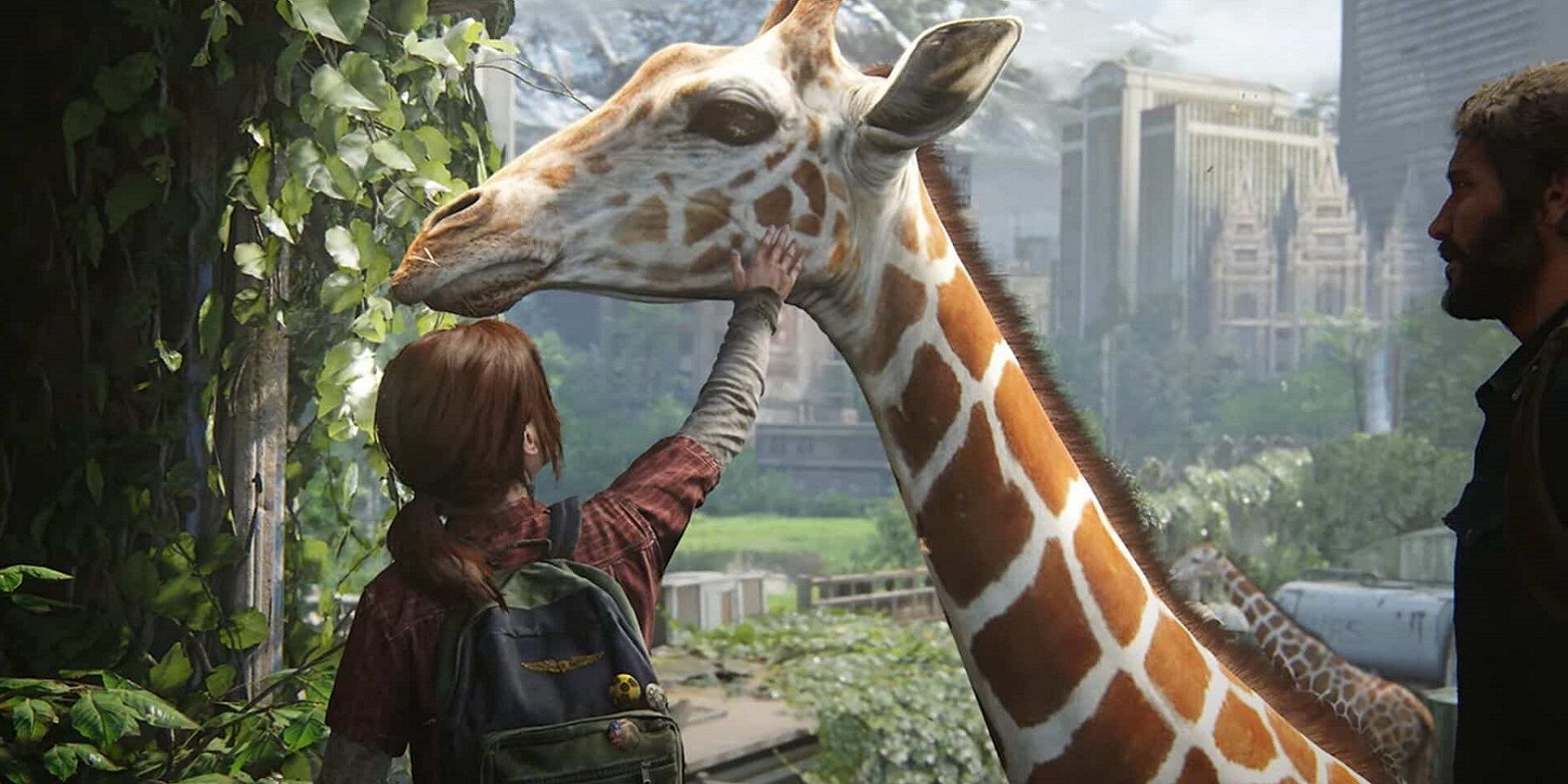 Image from The Last of Us Part 1 remake showing Ellie stroking a giraffe.