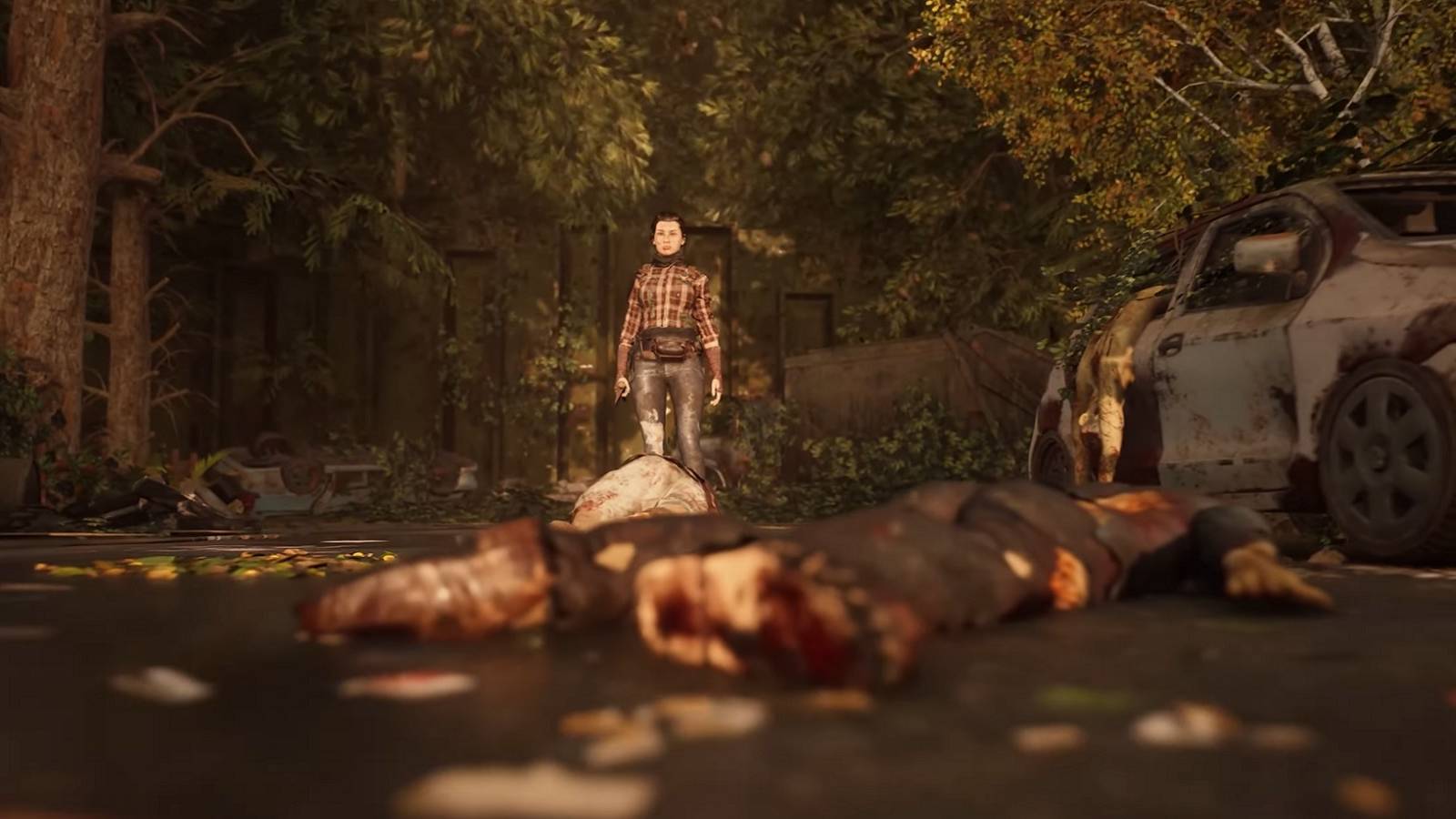 Concept art showing Ellie from The Last of Us standing on a corpse-filled road.