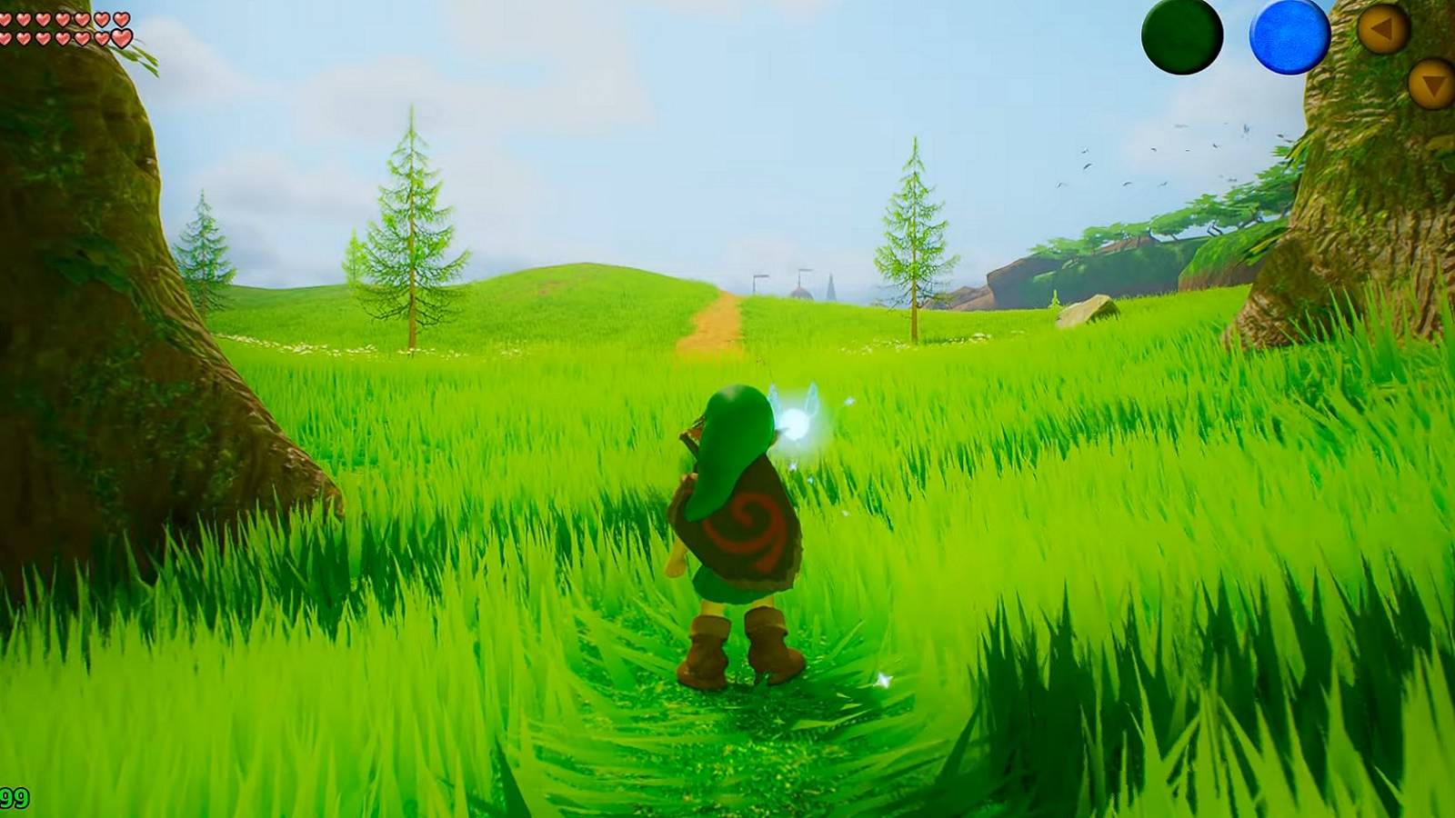 Image from an upcoming Unreal Engine 5 remake of Ocarina of Time showing Link stood in a lush field.