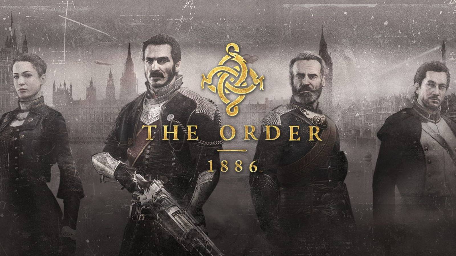 The four Knights of the Round Table stand with the Victorian-era London skyline in the background