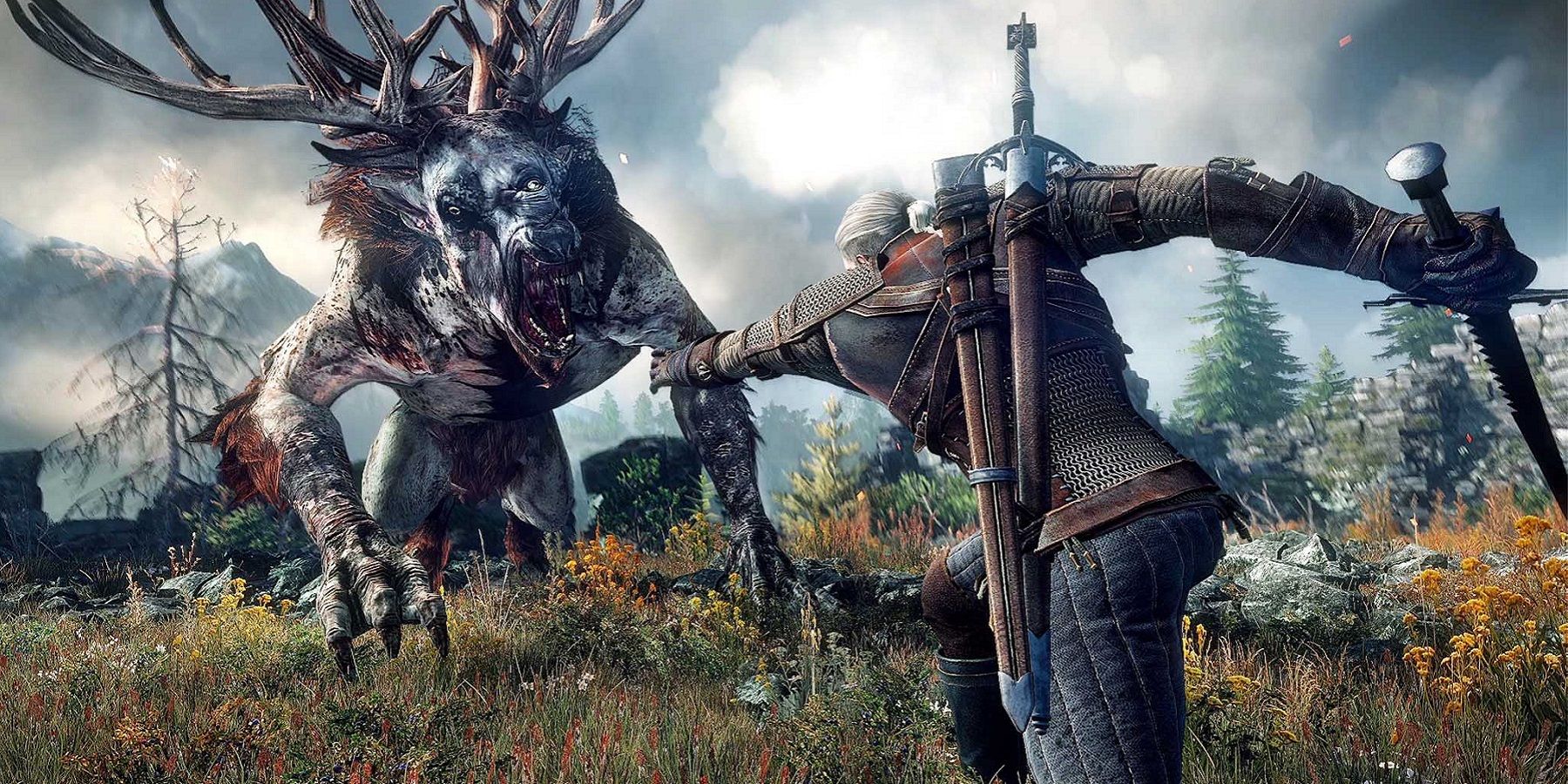 Screenshot from The Witcher 3 showing Geralt fighting a Fiend.