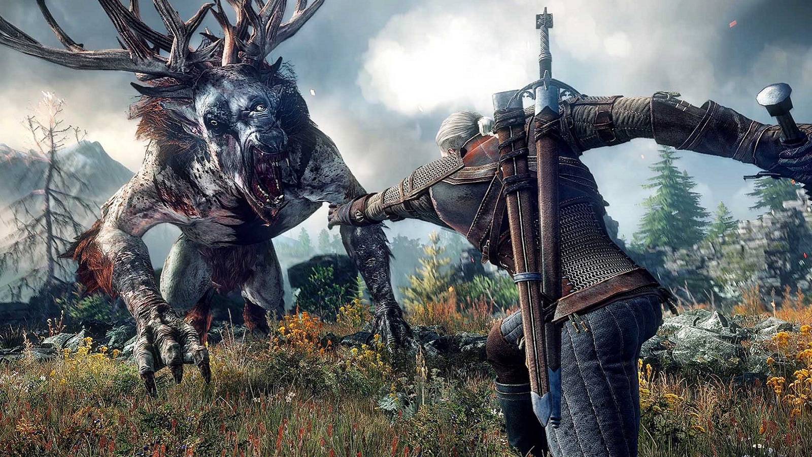 Screenshot from The Witcher 3 showing Geralt fighting a Fiend.