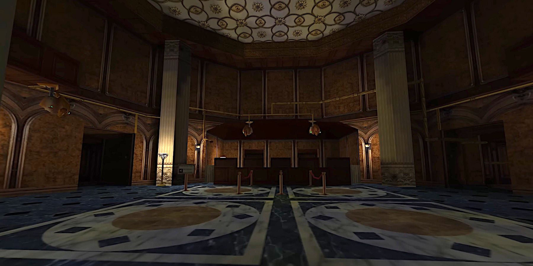 Изображение из Thief 2, показывающее, как игрок входит в большой зал с двумя механическими турелями в конце.