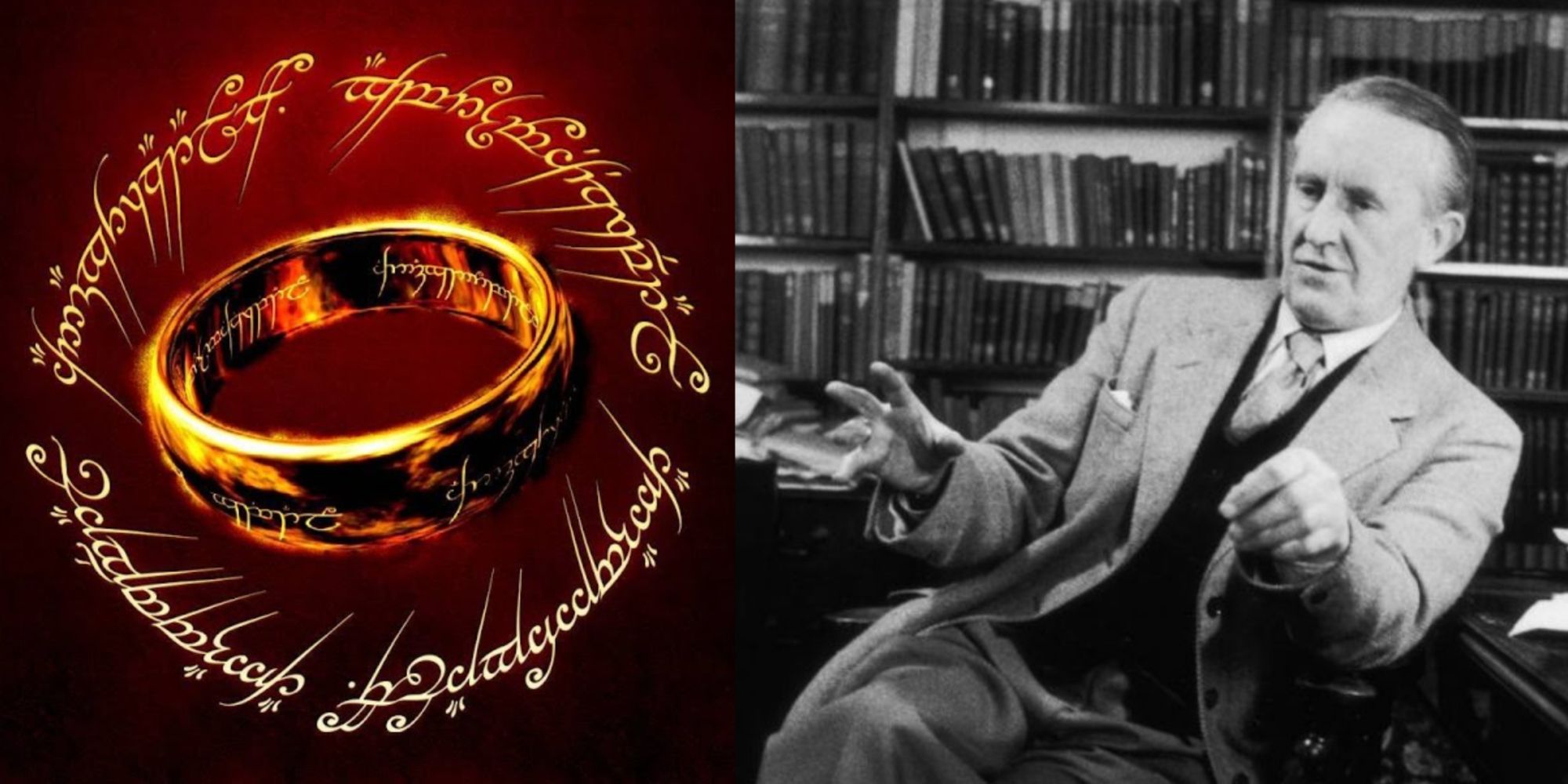 title Tolkien languages one ring with script JRR Tolkien with books in background 