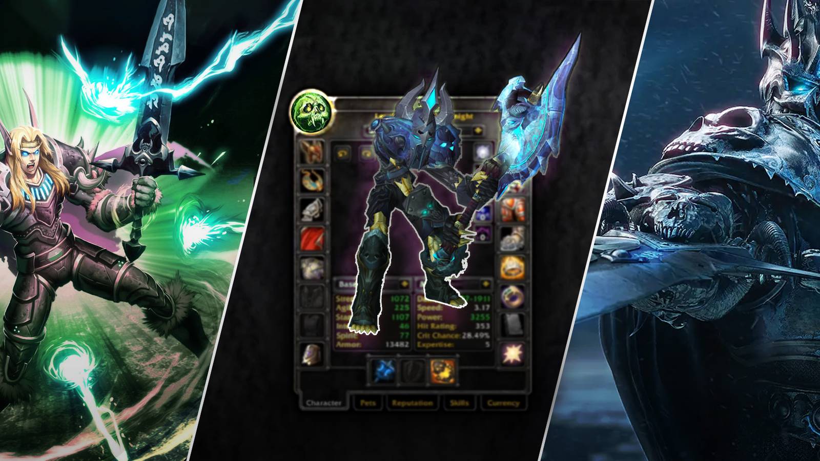 3 side by side images of unholy death knights in wow wotlk classic wrath best stats priority for unholy death knight