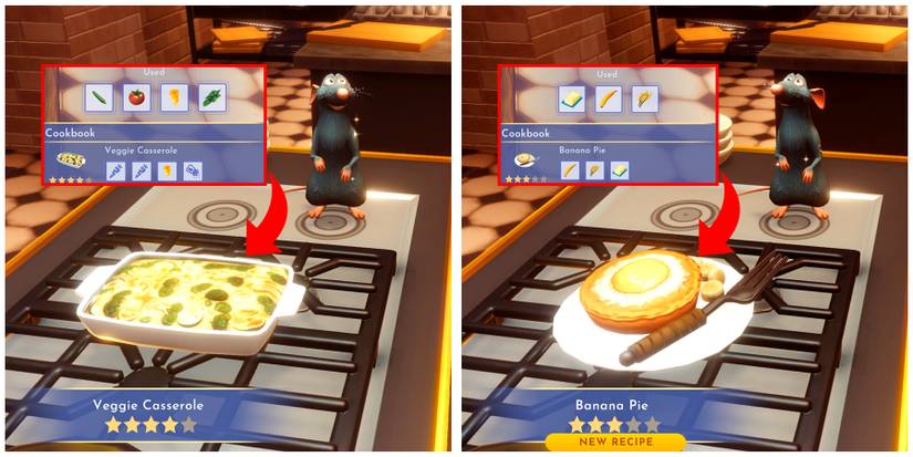 veggie casserole and banana pie in disney dreamlight valley