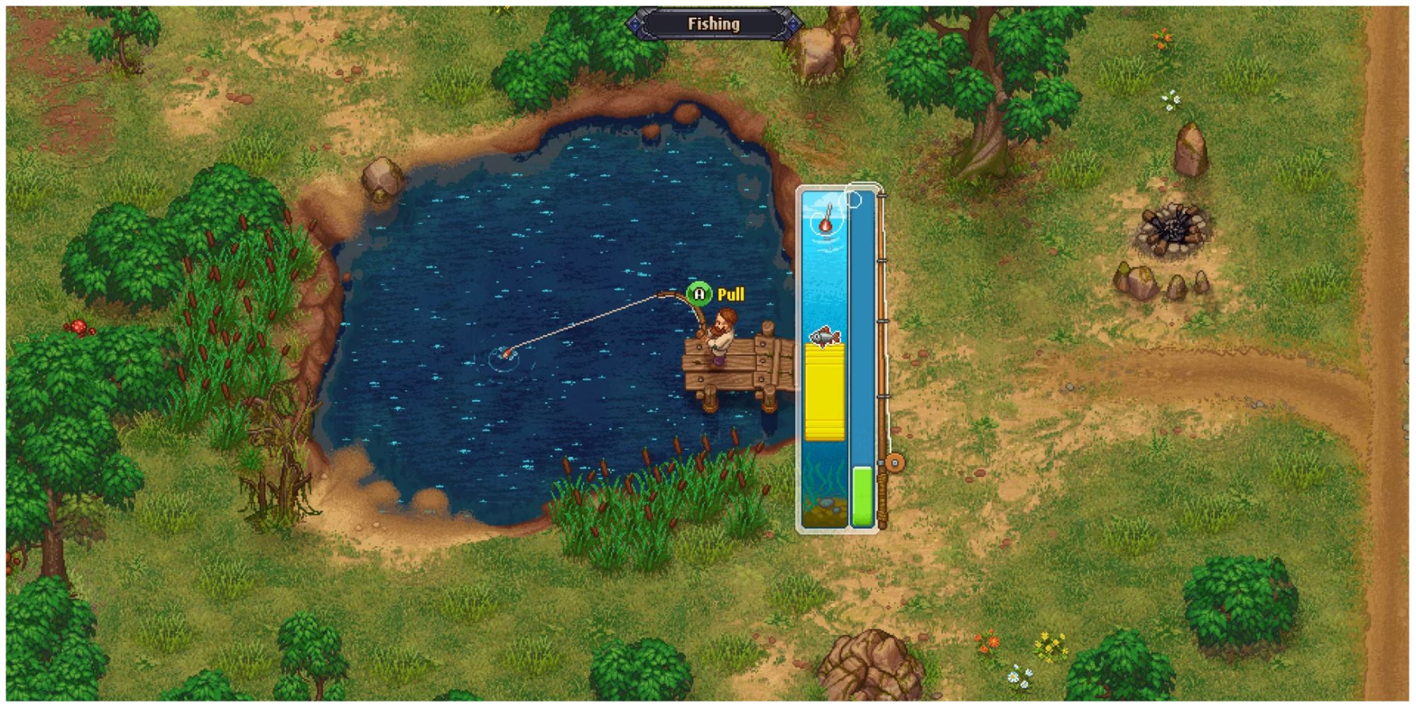 Graveyard Keeper fishing in the village pond