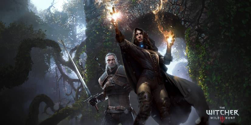 Geralt brandishing his sword as Yennefer using fire magic