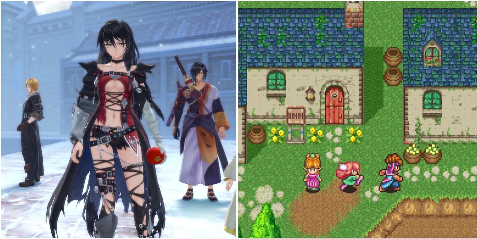 A cutscene featuring characters in Tales Of Berseria and Exploring the world in Secret Of Mana
