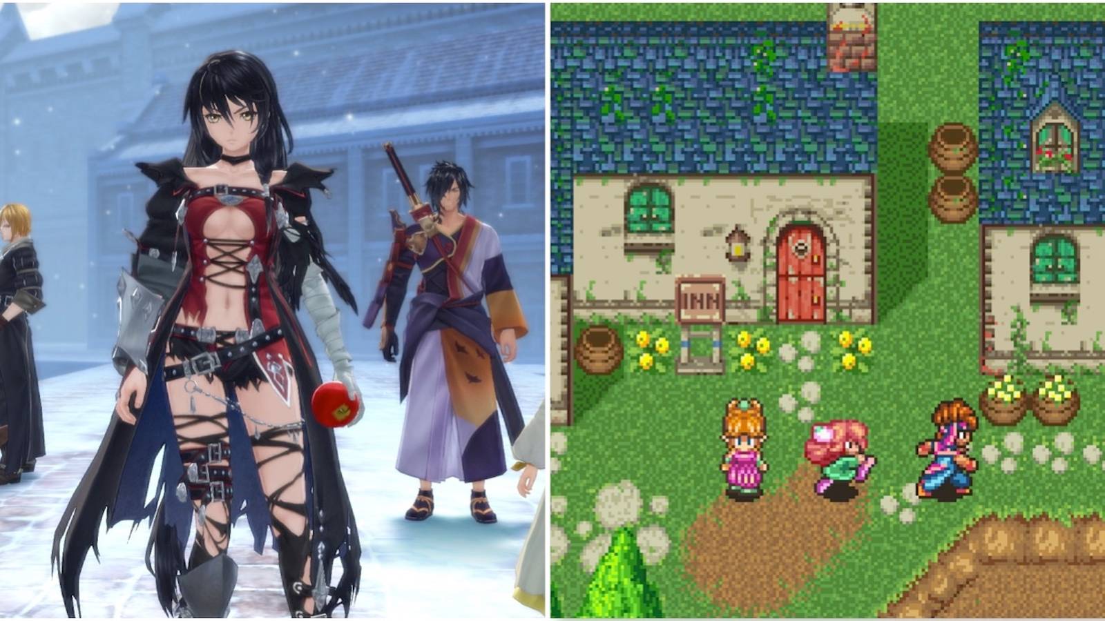 A cutscene featuring characters in Tales Of Berseria and Exploring the world in Secret Of Mana