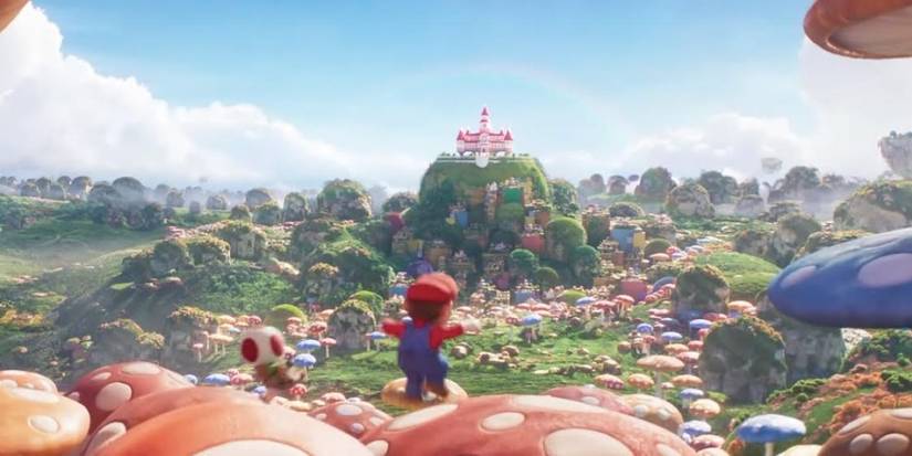 mario and toad jumping to peach's castle