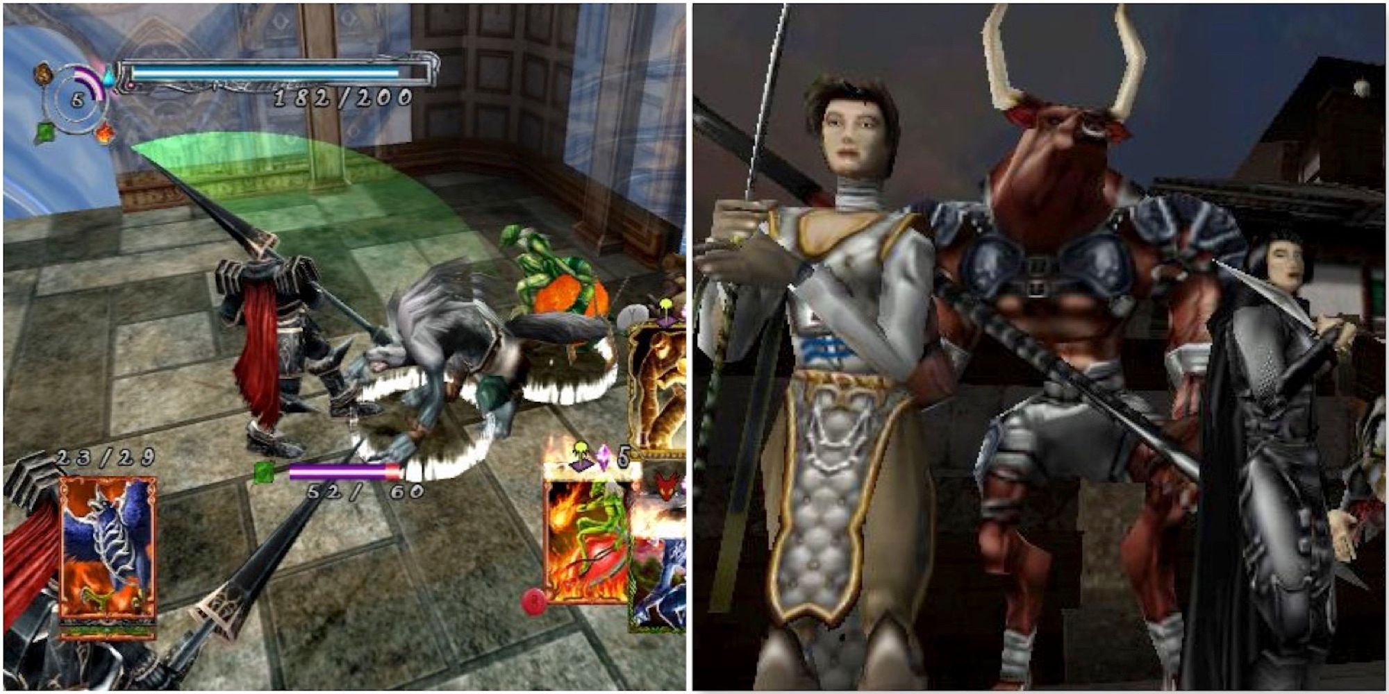 Fighting a battle in Lost Kingdoms and a cutscene featuring characters in Summoner