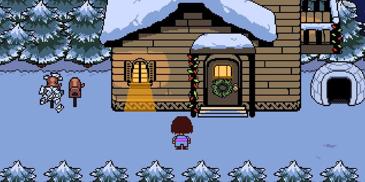 Player standing outside the house by the igloo, mailbox and snow-covered trees in Undertale