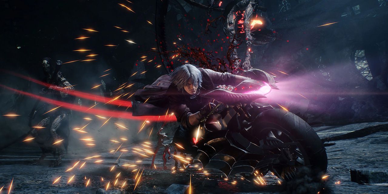 Dante on his motorbike in Devil May Cry 5