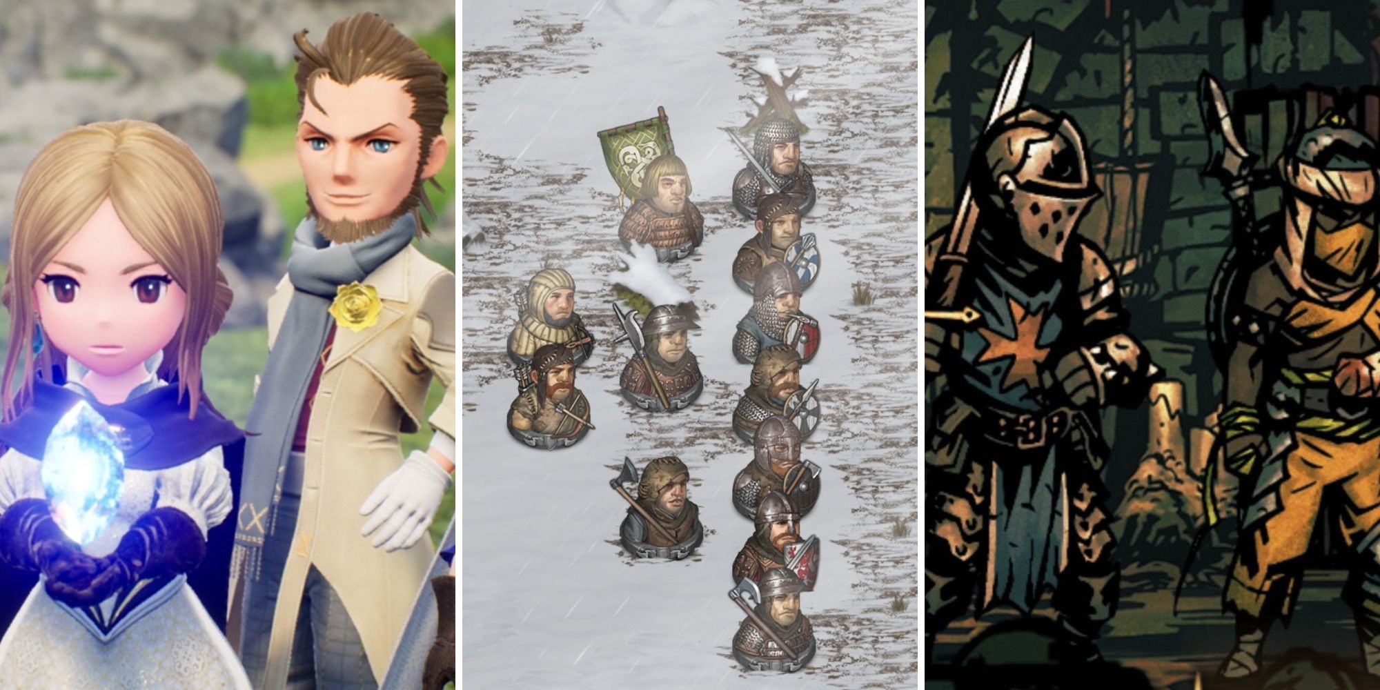 A grid showing three turn-based Role-playing games such as Bravely Default, Battle Brothers, and Darkest Dungeon