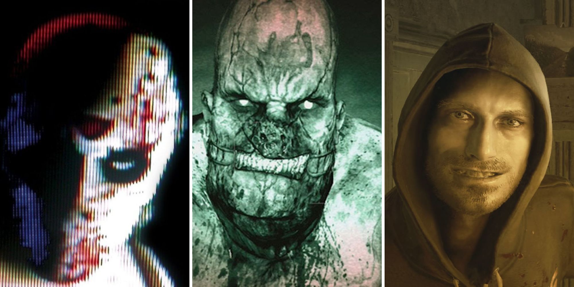 A grid of images showing three different humans that could be classed as monsters in the horror games Manhunt, Outlast, and Resident Evil 7: Biohazard
