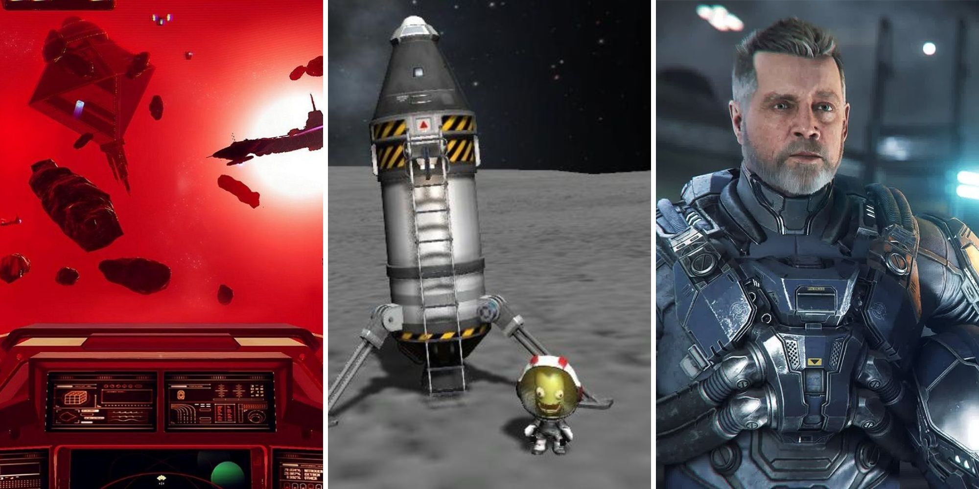 Сетка с изображениями трех научно-фантастических игр, включая No Man's Sky, Kerbal Space Program и Star Citizen.