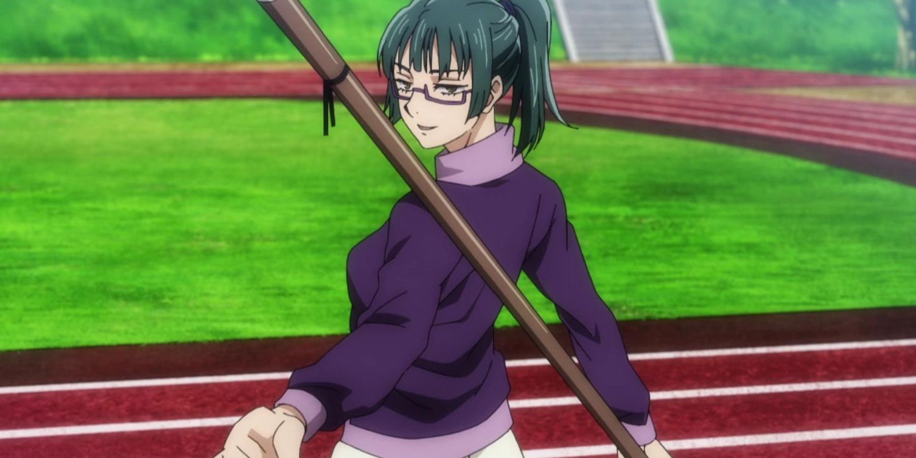 Maki Zenin wielding a stick behind her back in Jujutsu Kaisen