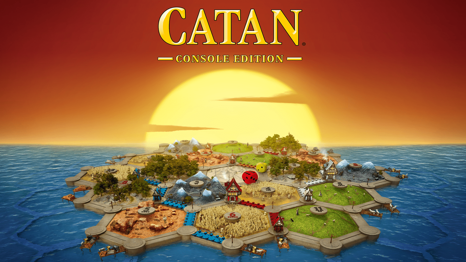 Image shows Catan hex tiles in the foreground and a sunset in the background. The text reads 