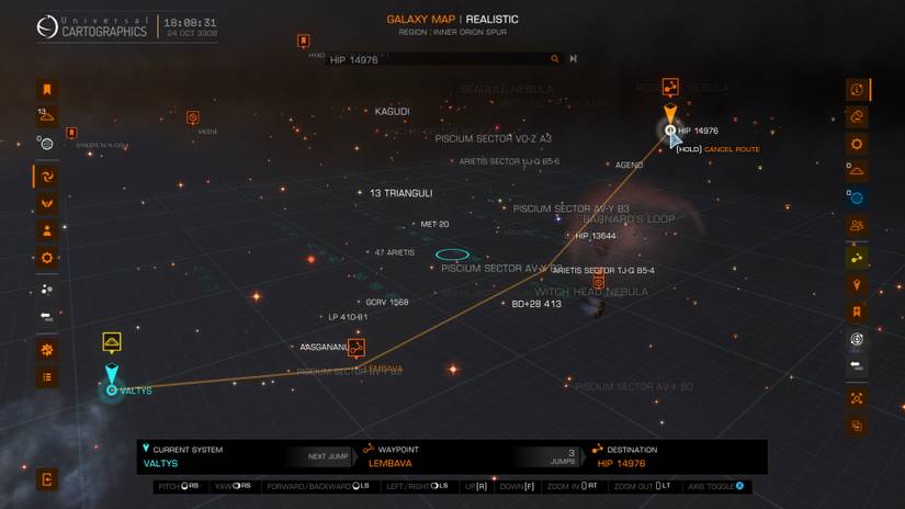 A route plotted from Valtys to HIP 14976
