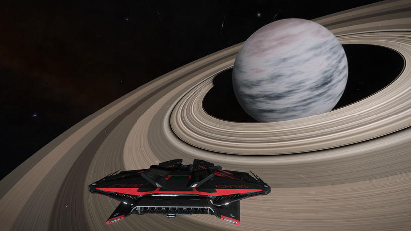 A Krait approaching a planet with giant rings.