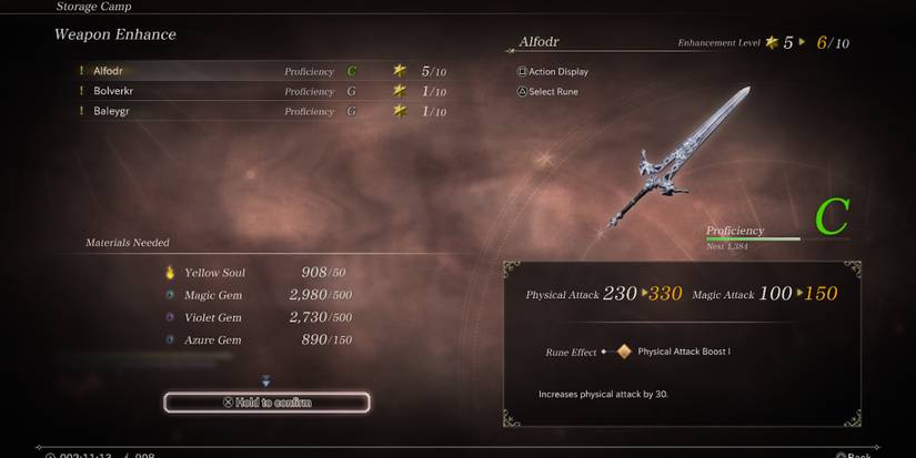 The upgrade menu in Valkyrie Elysium