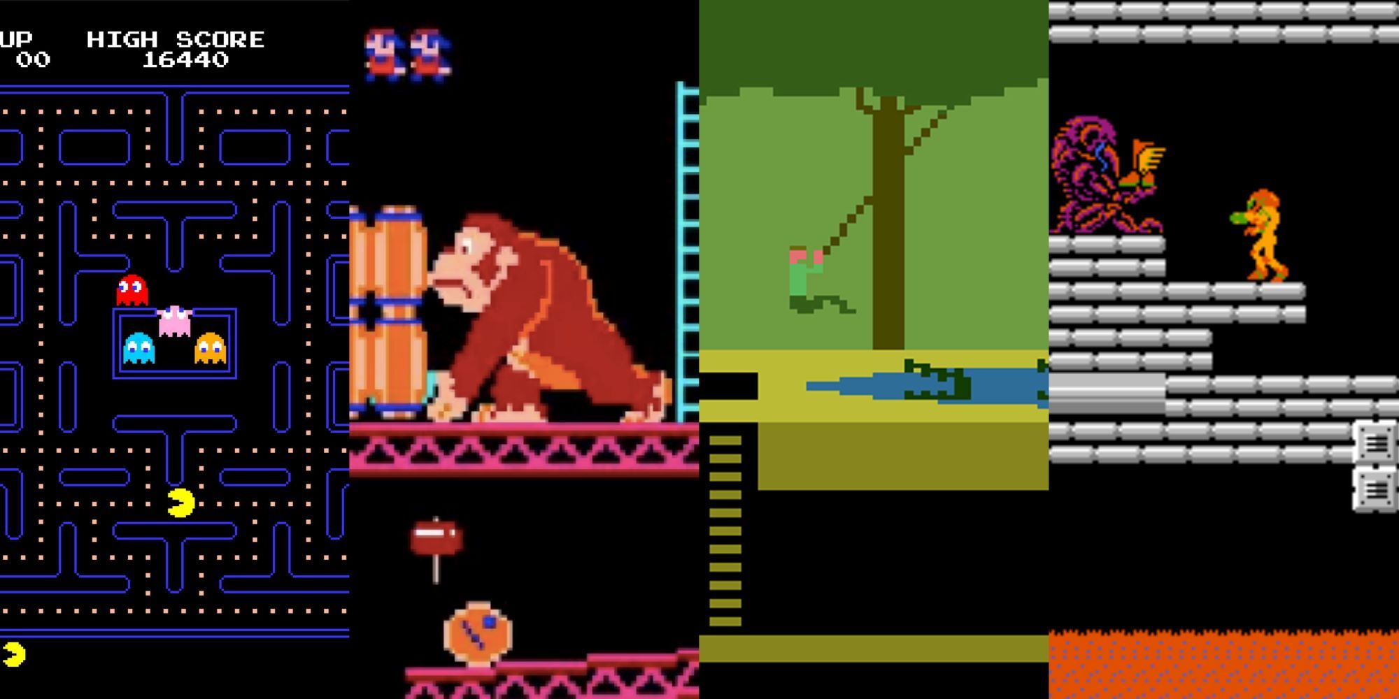 Left - Pac-Man Arcade, Left Center - Donkey Kong Arcade, Right Center - Pitfall Atari 2600, Right - Metroid
