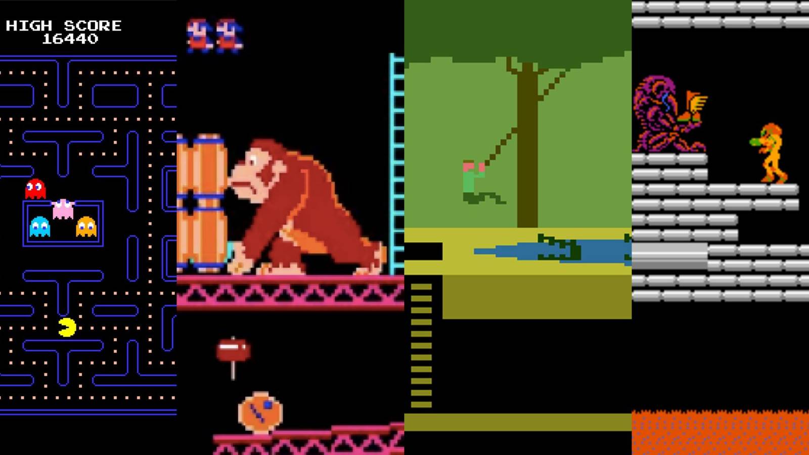 Left - Pac-Man Arcade, Left Center - Donkey Kong Arcade, Right Center - Pitfall Atari 2600, Right - Metroid