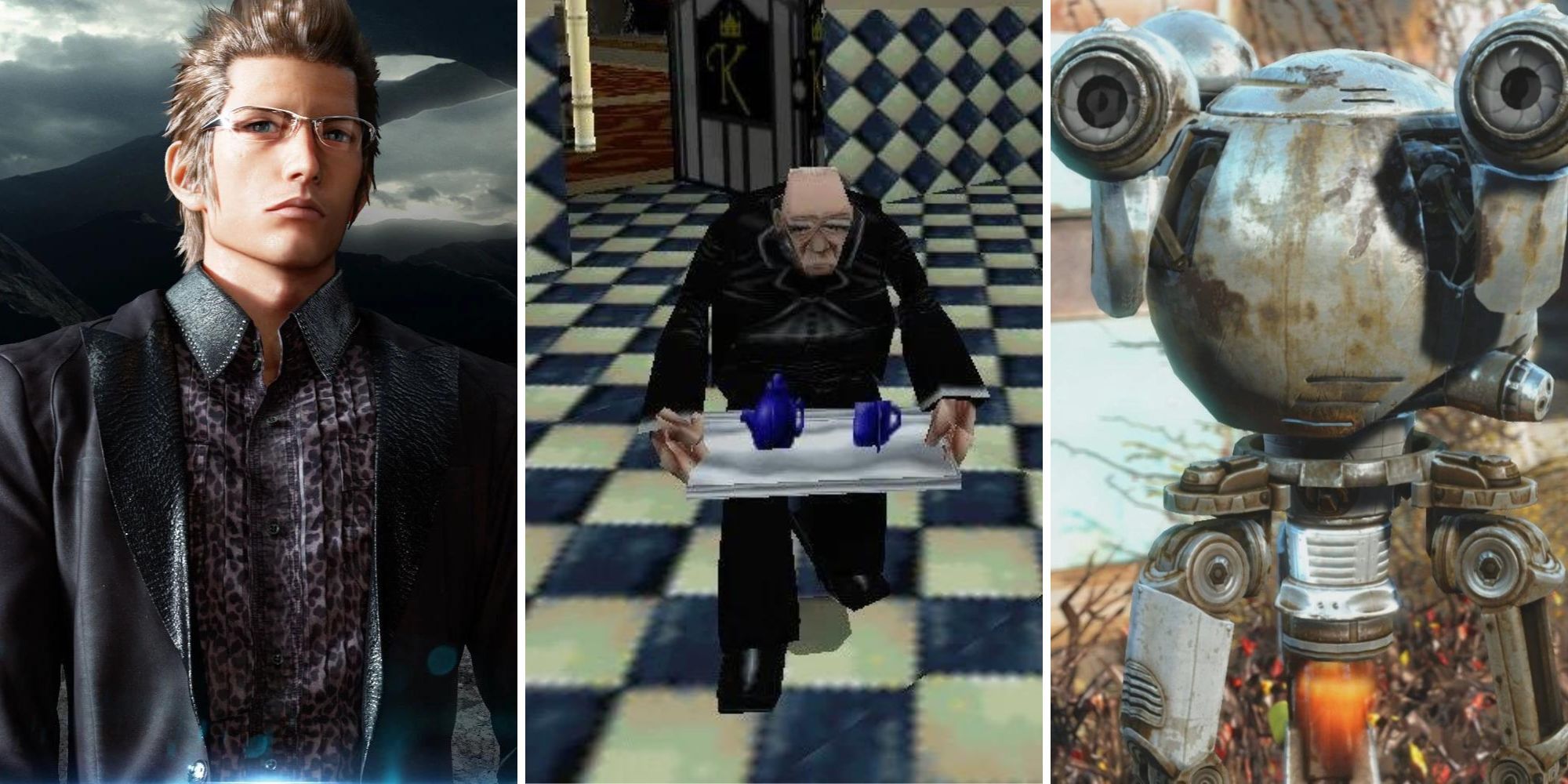 A grid showing the best butlers from three games including Ignis from Final Fantasy 15, Winston from Tomb Raider 2, and Codsworth from Fallout 4