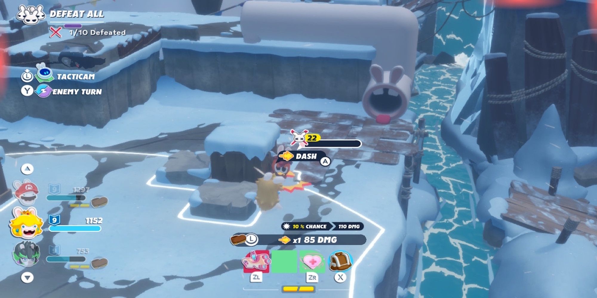 Fighting a battle in Mario + Rabbids Sparks of Hope