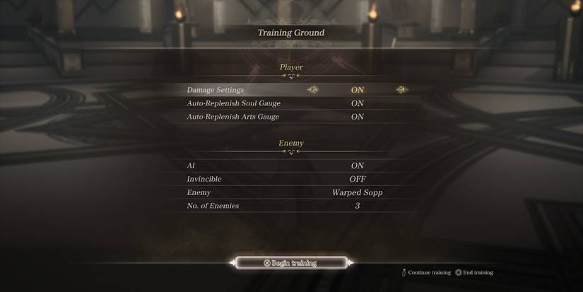 The training ground menu in Valkyrie Elysium