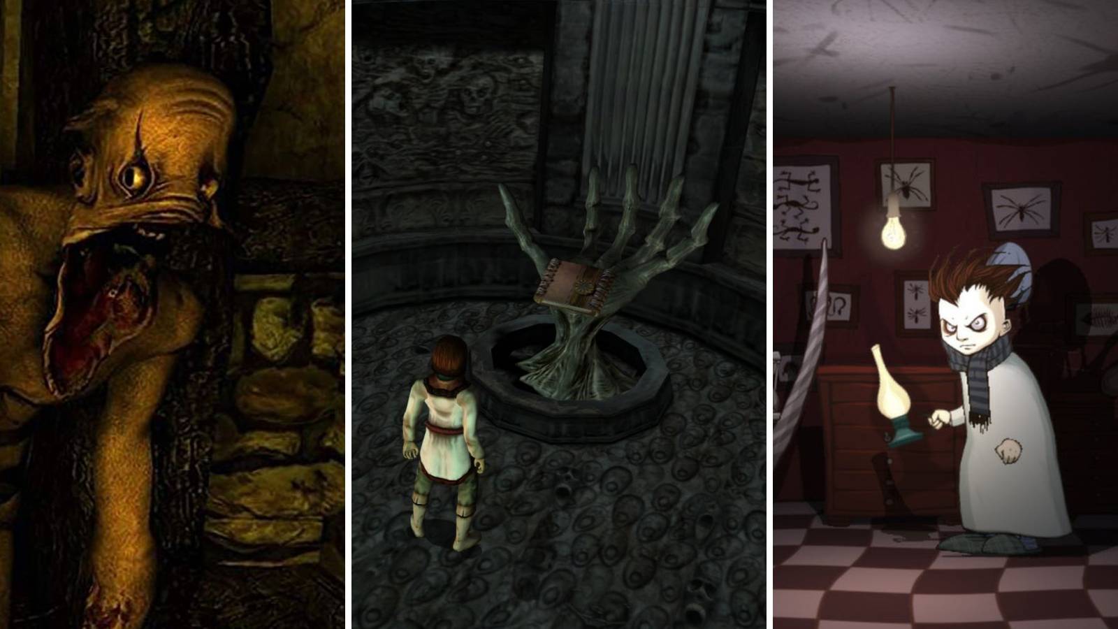 A grid showing pictures from three different horror games including Amnesia: The Dark Descent, Eternal Darkness: Sanity's Requiem, and Knock-knock