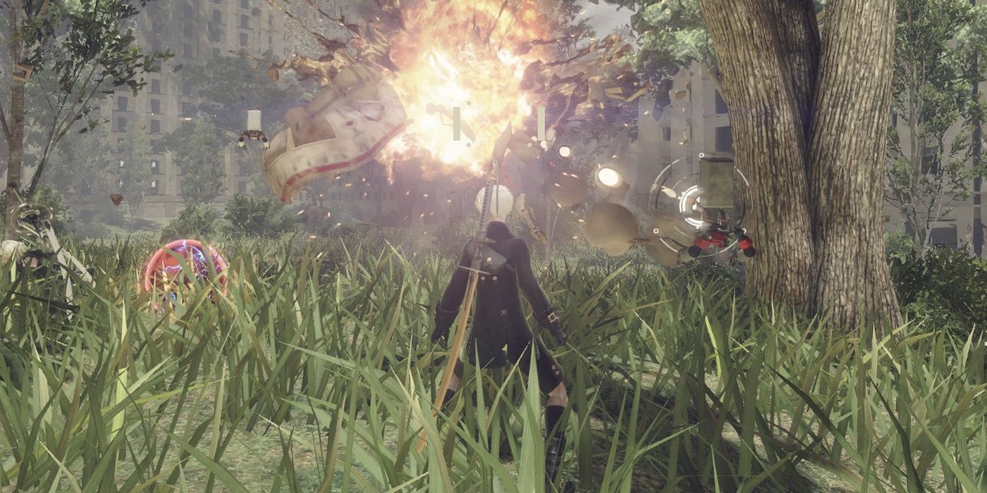 9S destroying a machine with his pod in Nier Automata.