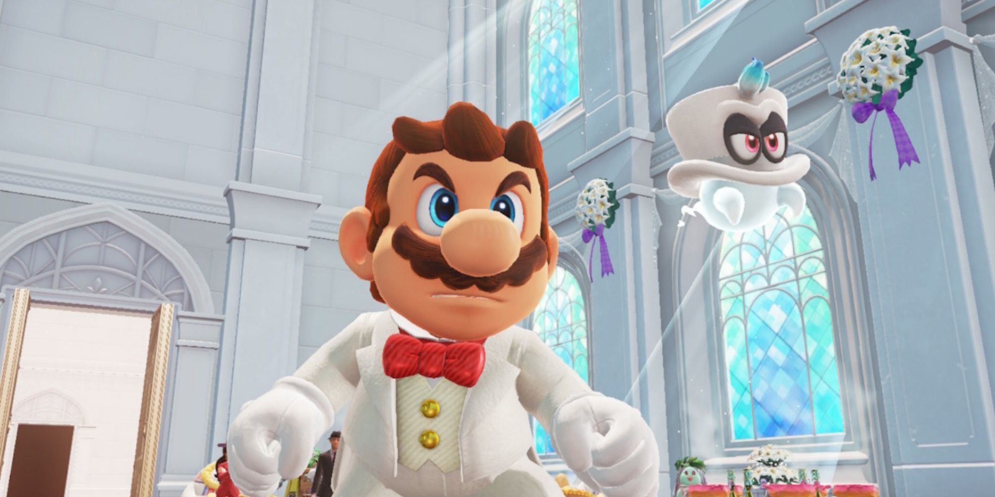 A cutscene featuring characters in Super Mario Odyssey